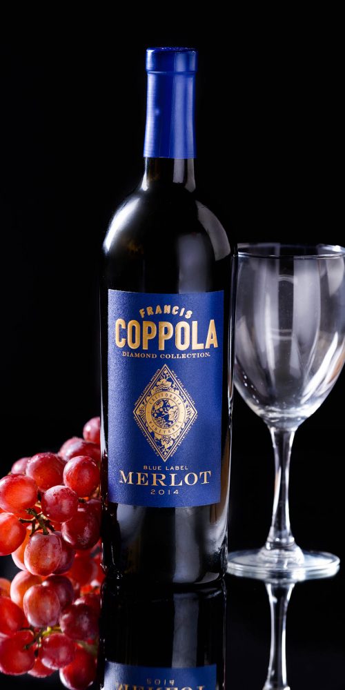 Francis Coppola Merlot Wine Bottle Grapes Product Photography